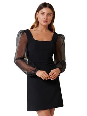Ever New Crystal Black Square Neck Mini Dress with Sheer Puff Sleeves